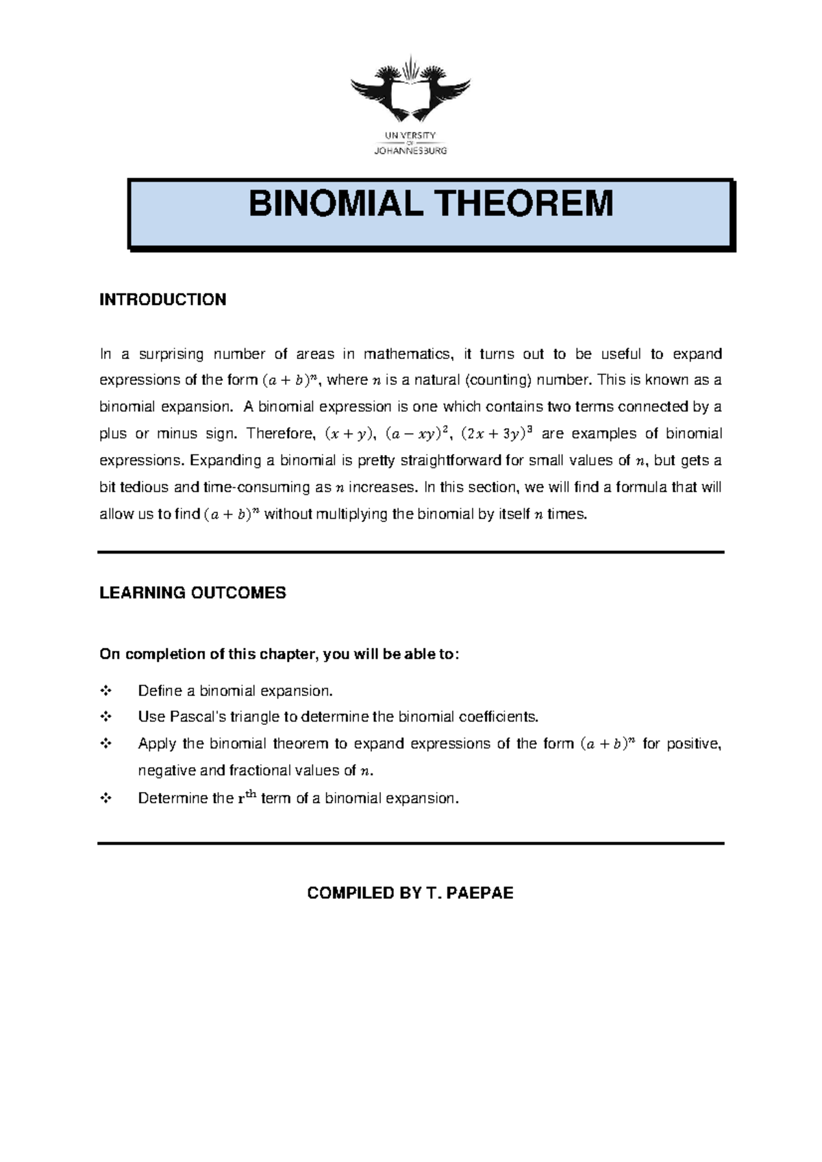 BINOMIAL THEOREM INTRODUCTION: EXPANSION AND APPLICATIONS - Studocu