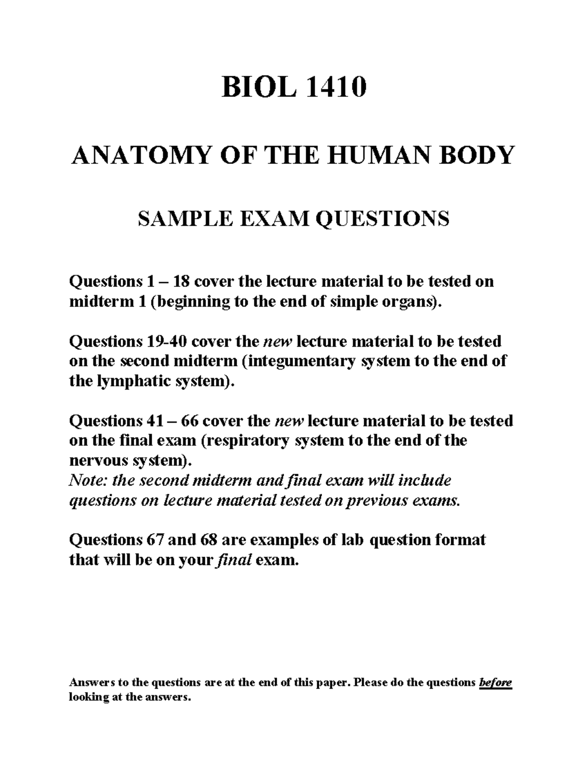 BIOL 1410 Sample Exam Questions for Midterms and Final Exam - Studocu