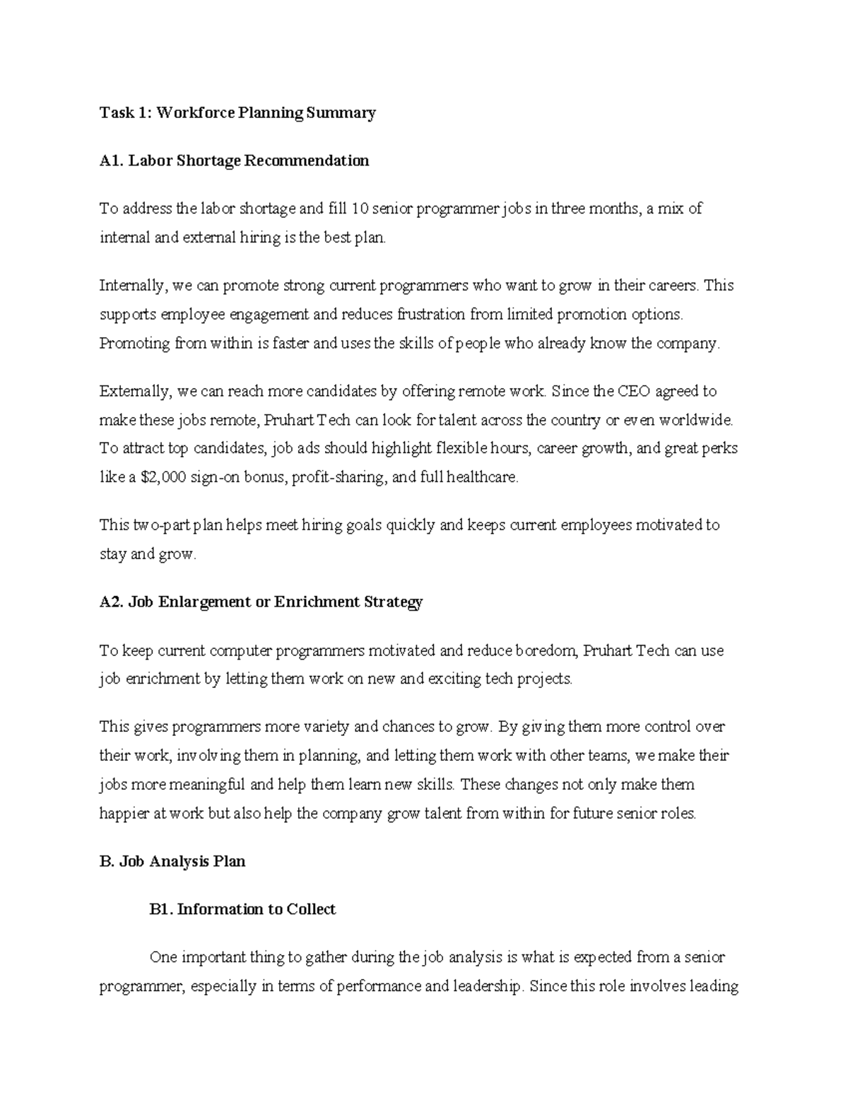 Task 1: Workforce Planning & Job Analysis Recommendations A1-A2 - Studocu