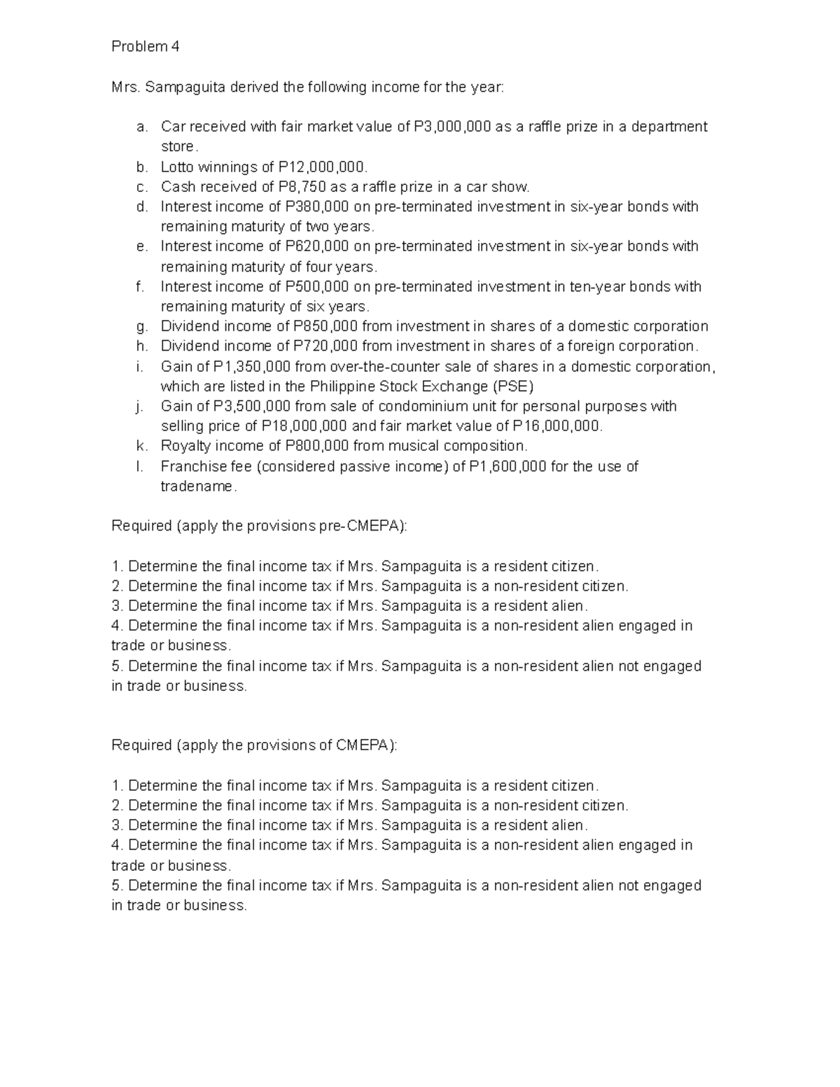 Incotax Prac Problems: Income Tax Calculations for Mrs. Sampaguita ...
