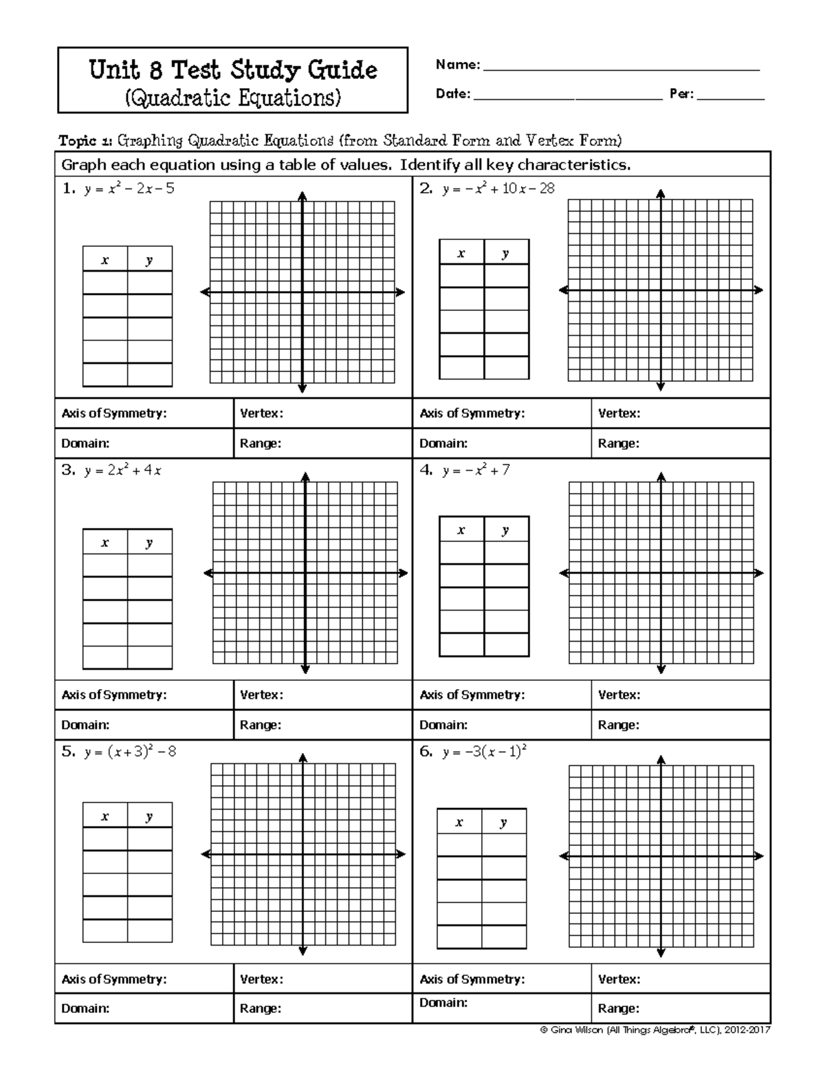 Unit 8 Test Study Guide: Graphing Quadratic Equations - Studocu