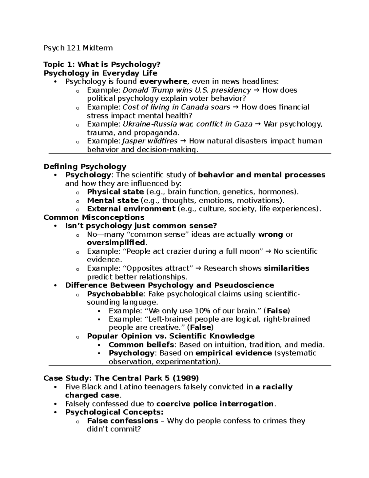 Psych 121 Midterm Notes: Understanding Psychology in Everyday Life ...