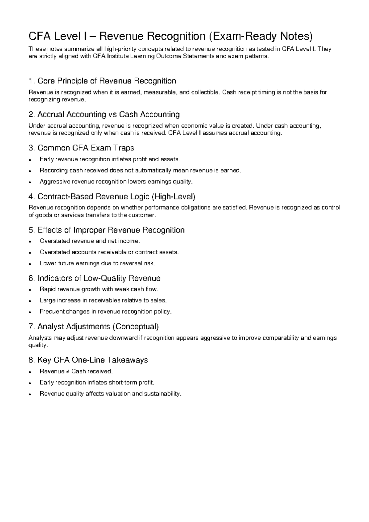 CFA Level I Revenue Recognition Comprehensive Study Notes - Studocu