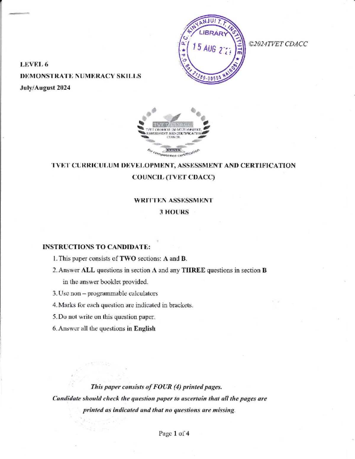 Numeracy Skills Assessment - CDACC Level 6 (3 Hours) - Studocu