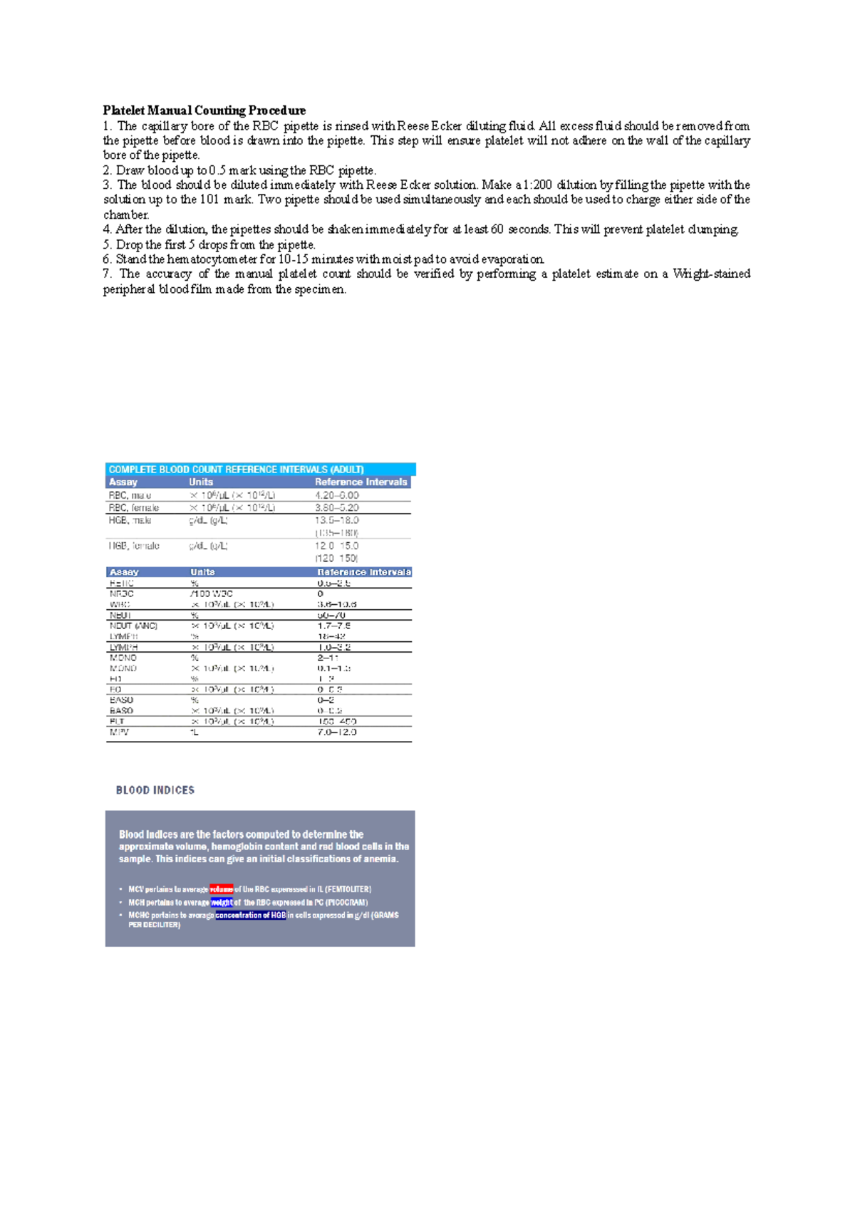 Platelet Manual Counting Procedure - All excess fluid should be removed ...
