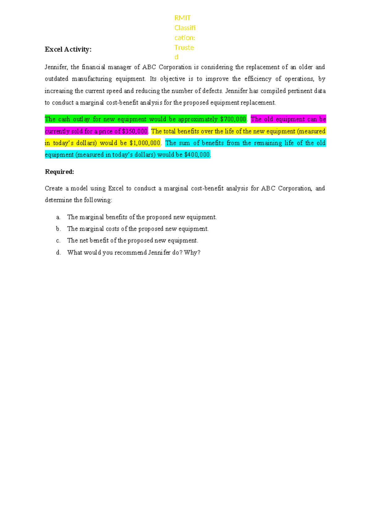 Excel activity - notes - RMIT Classifi cation: Truste d Excel Activity ...