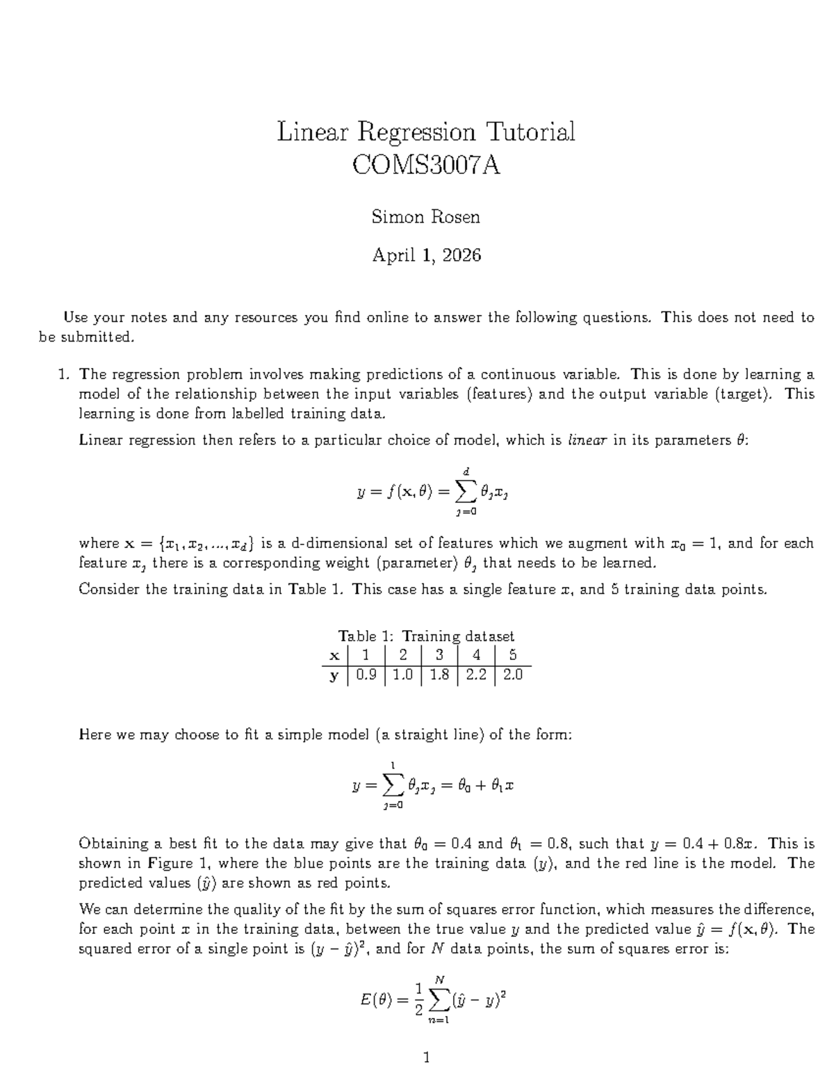 Linear Regression Tutorial COMS3007A - ML Tut 3 Notes - Studocu
