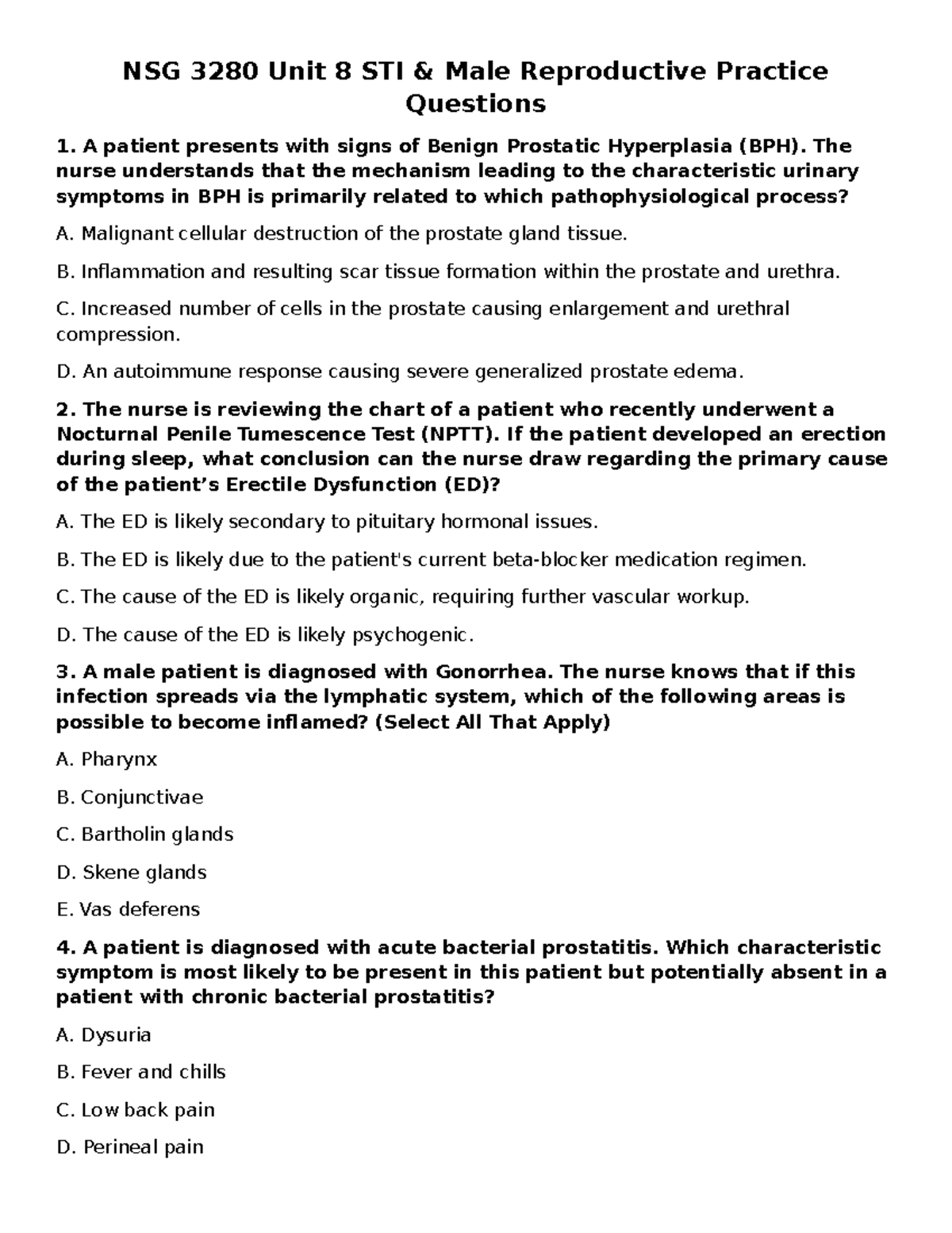NSG 3280 Unit 8 STI Male Reproductive Practice Questions and Answers ...