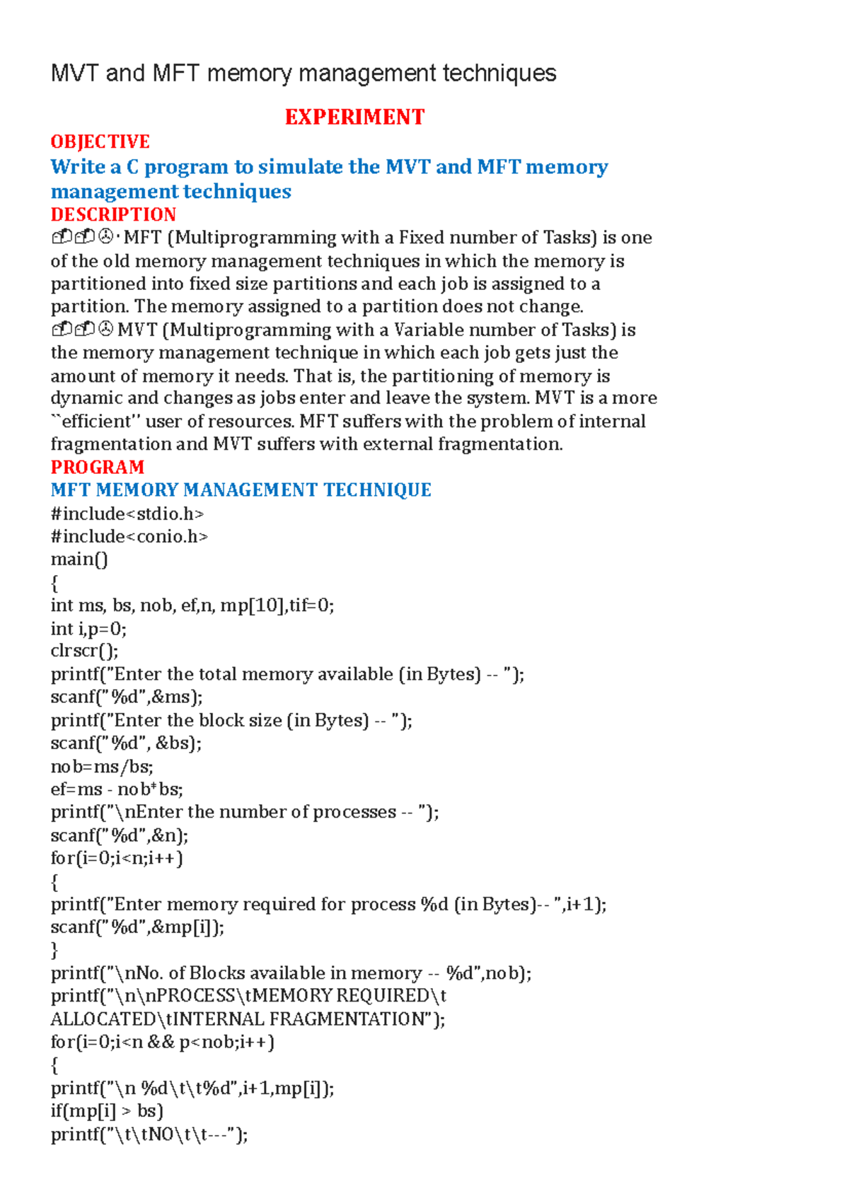 2.OS MVT & MFT Memory Management Techniques - Objective Experiment ...