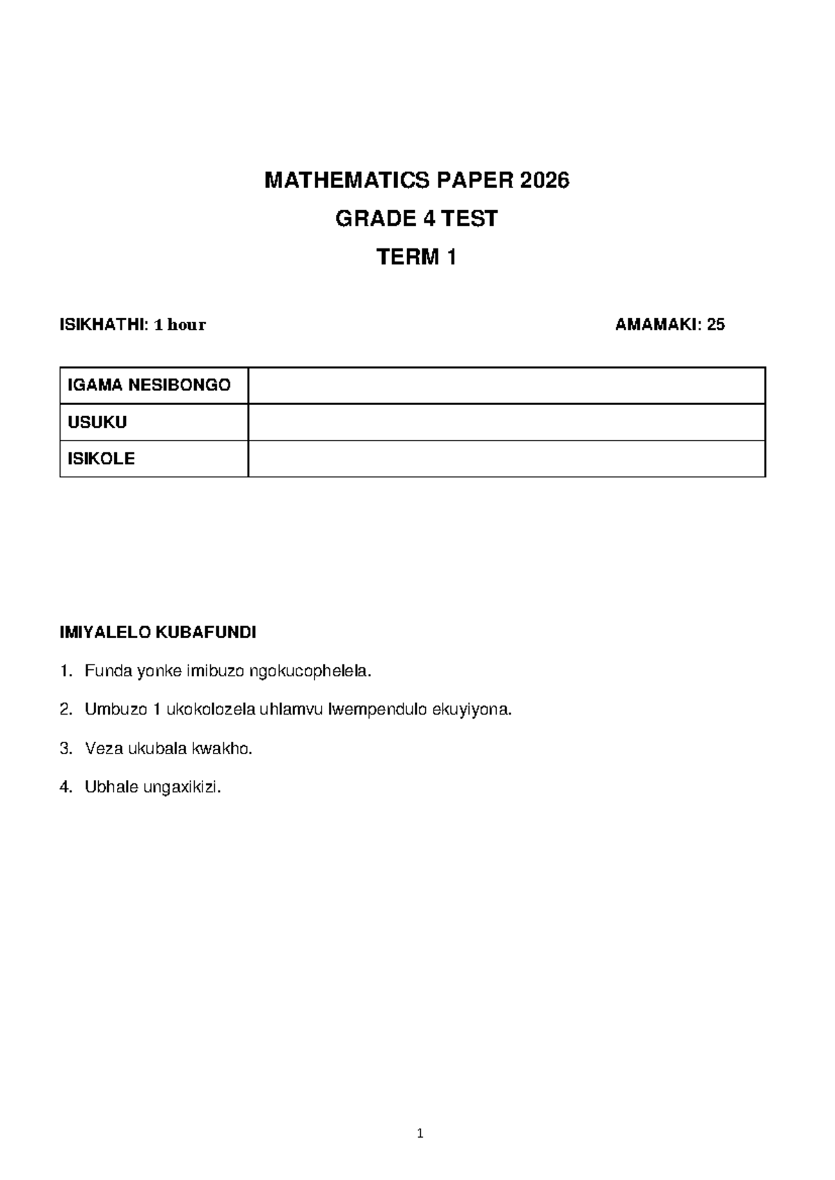 MATHEMATICS TEST TERM 1 GRADE 4 2026 - ISIZULU NOTES - Studocu