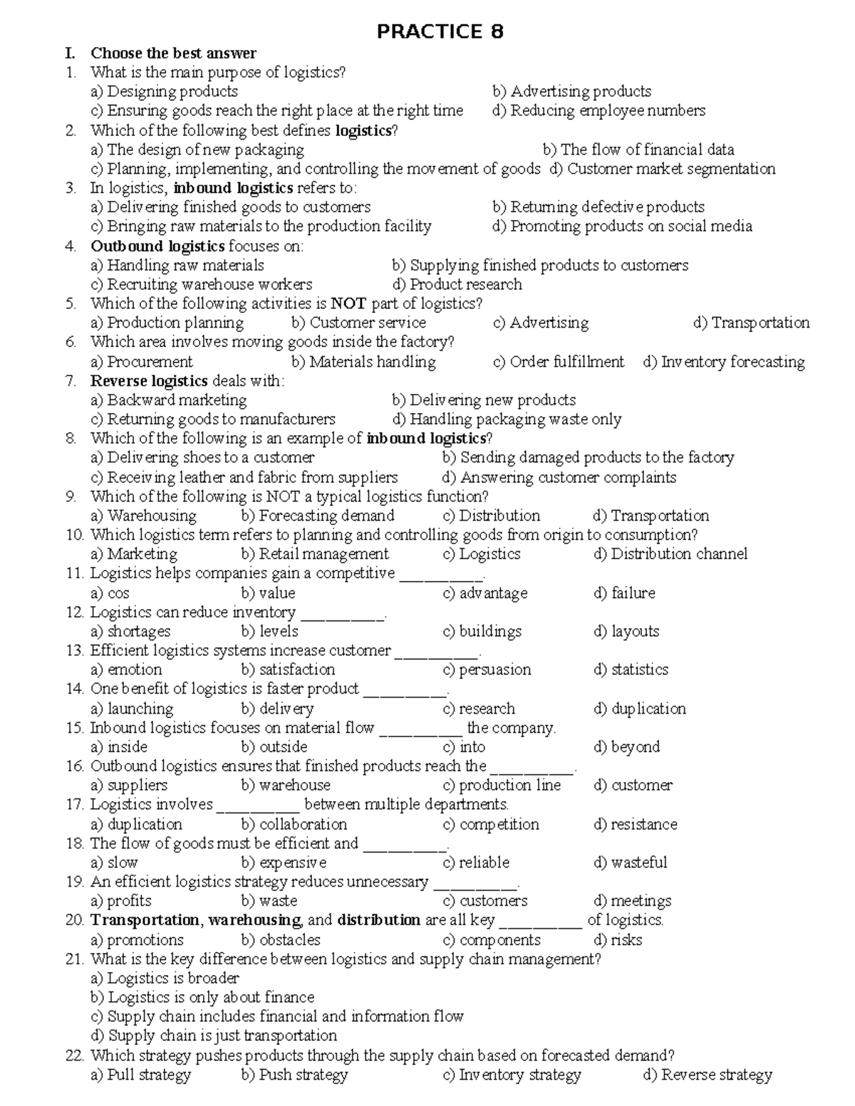 Unit 8 - Logistics Practice Questions and Answers - Studocu