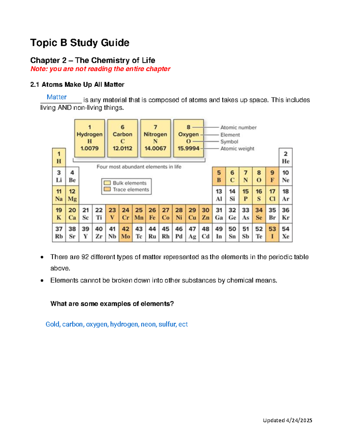 Topic B Study Guide CH 2: The Chemistry of Life - Key Concepts - Studocu