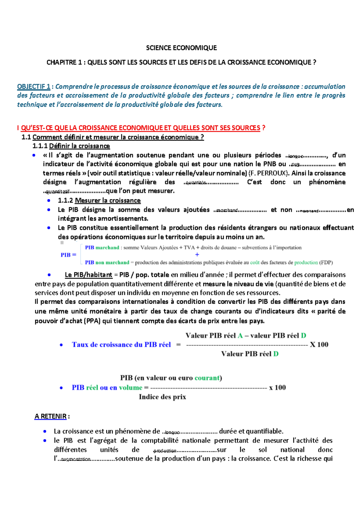 Synthèse Chapitre 1 Économie - Sources et Défis de la Croissance ...