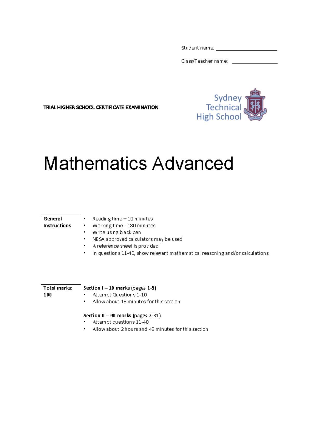 Sydney Tech 2020 2U Mathematics Advanced Trial Exam Solutions - Studocu