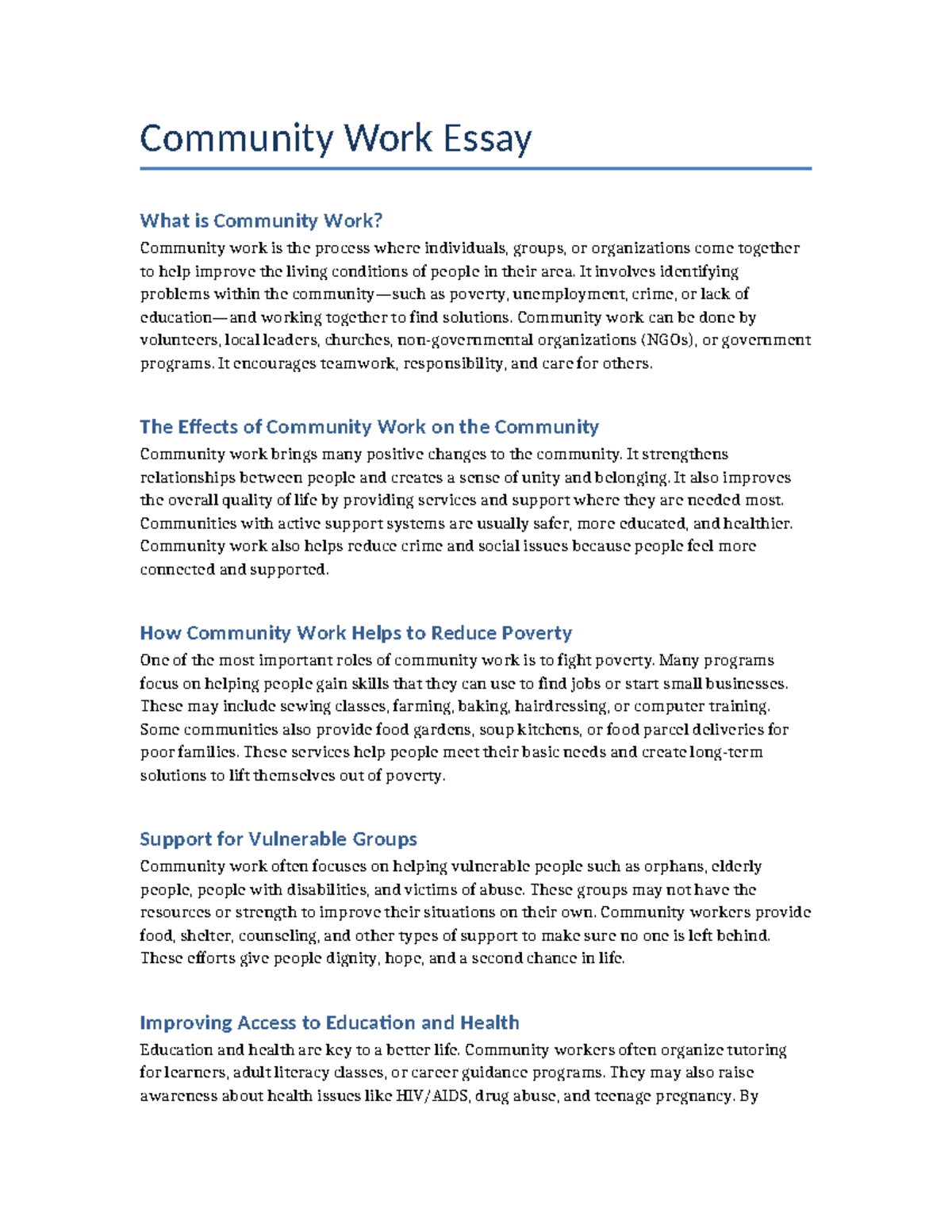 Community Work Essay: Enhancing Lives Through Collective Efforts - Studocu