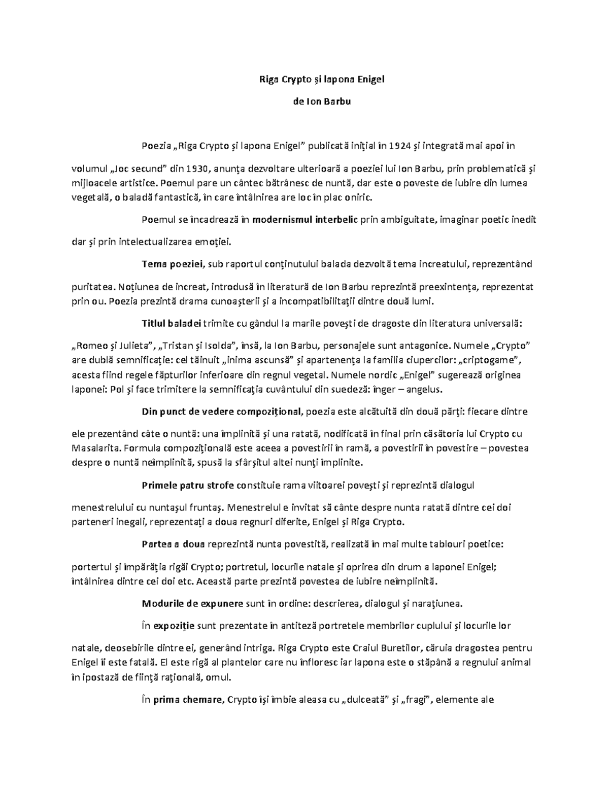 Analiza Poeziei „Riga Crypto și lapona Enigel” de Ion Barbu - Studocu