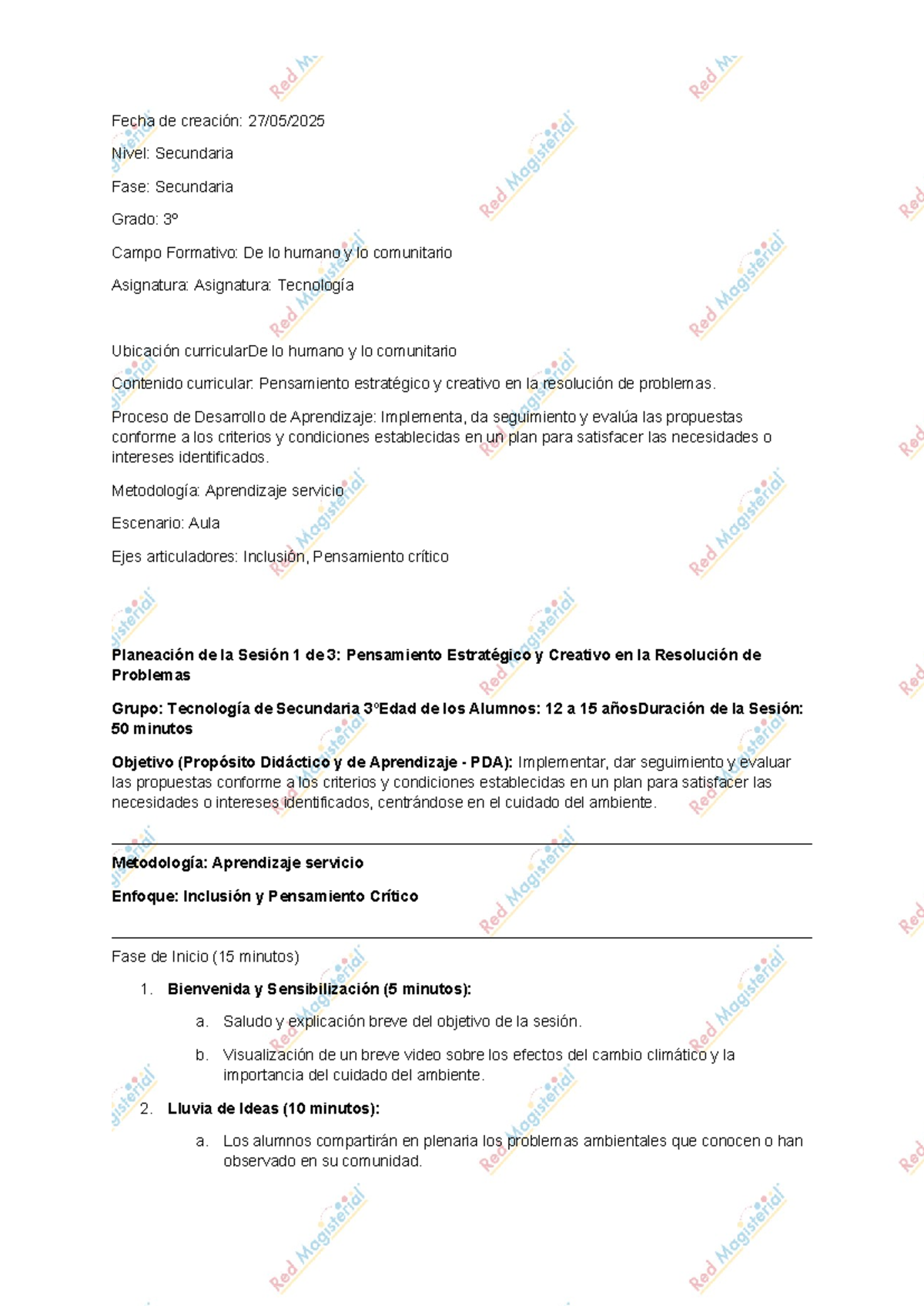 Planeación de Clase: Pensamiento Estratégico y Creativo en Tecnología 3º - Document Preview