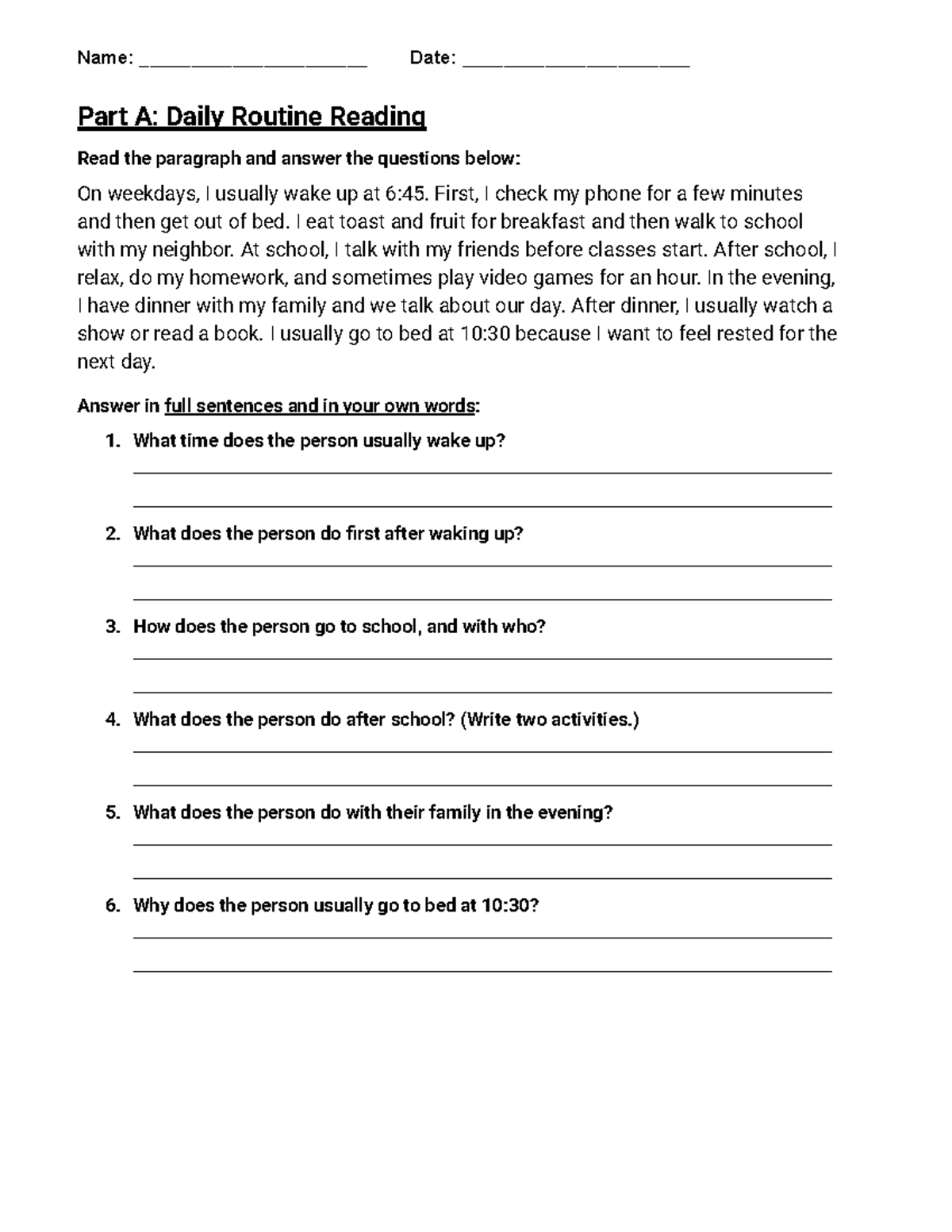 Daily Routine Reading Worksheet - Idk - Studocu