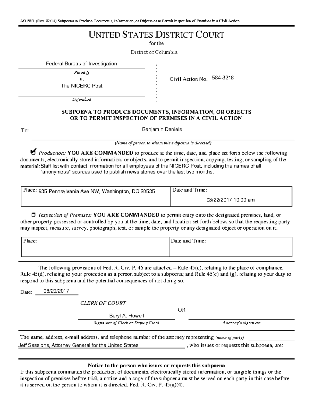 AO 88B (Rev.) Federal Subpoena to Produce Docs for NICERC Post - Studocu