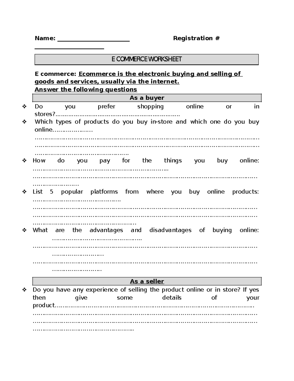 E-Commerce Worksheet - Name: _________________________ Registration