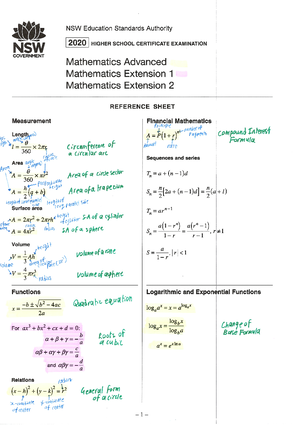 Mathematics Advanced, Extension 1 and Extension 2 Reference Sheet - – 1 ...