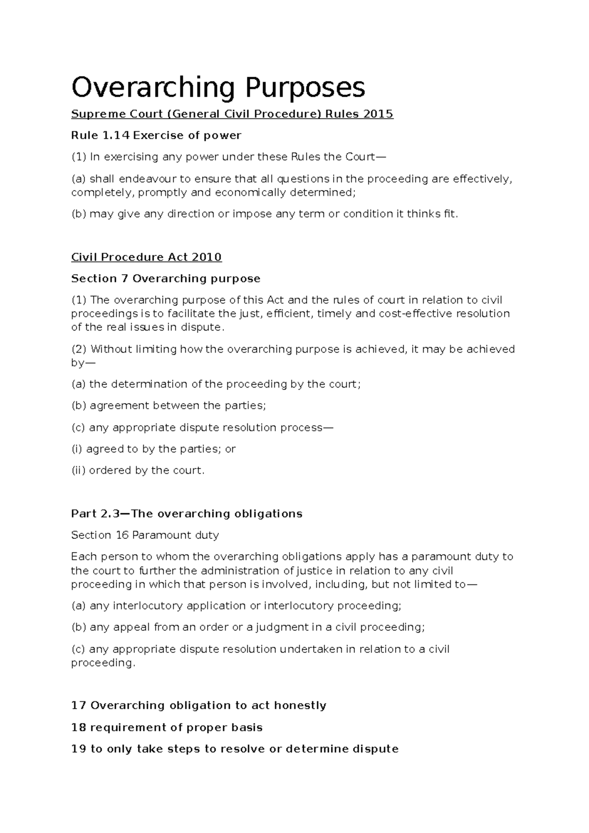 Overarching Purposes of Civil Procedure Rules 2015: CDR Notes - Studocu