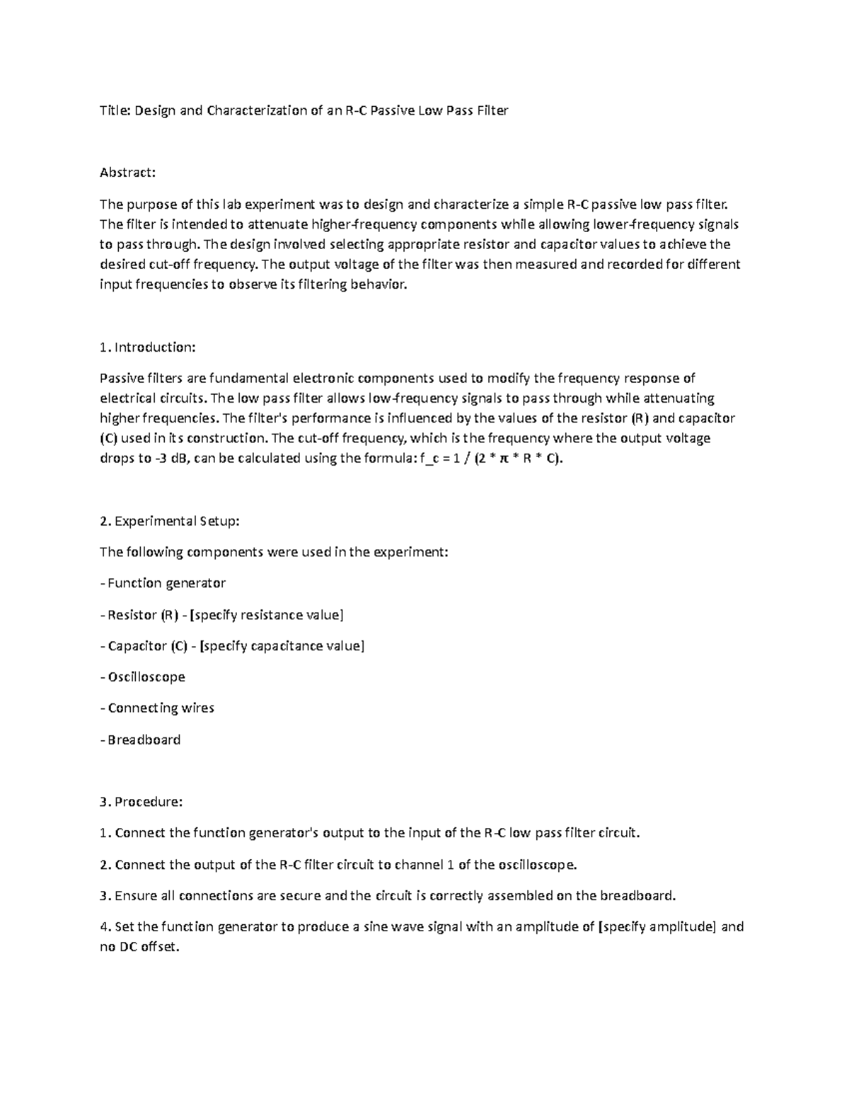 Design and Characterization of R-C Passive Low Pass Filter Lab Report ...