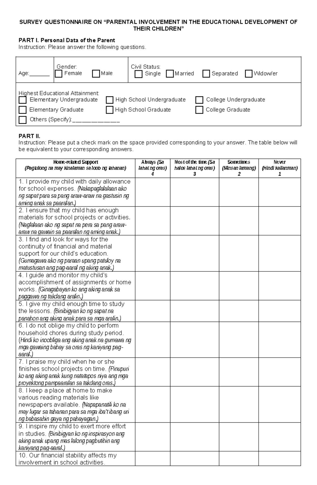 Survey- Instrument - research - SURVEY QUESTIONNAIRE ON “PARENTAL ...