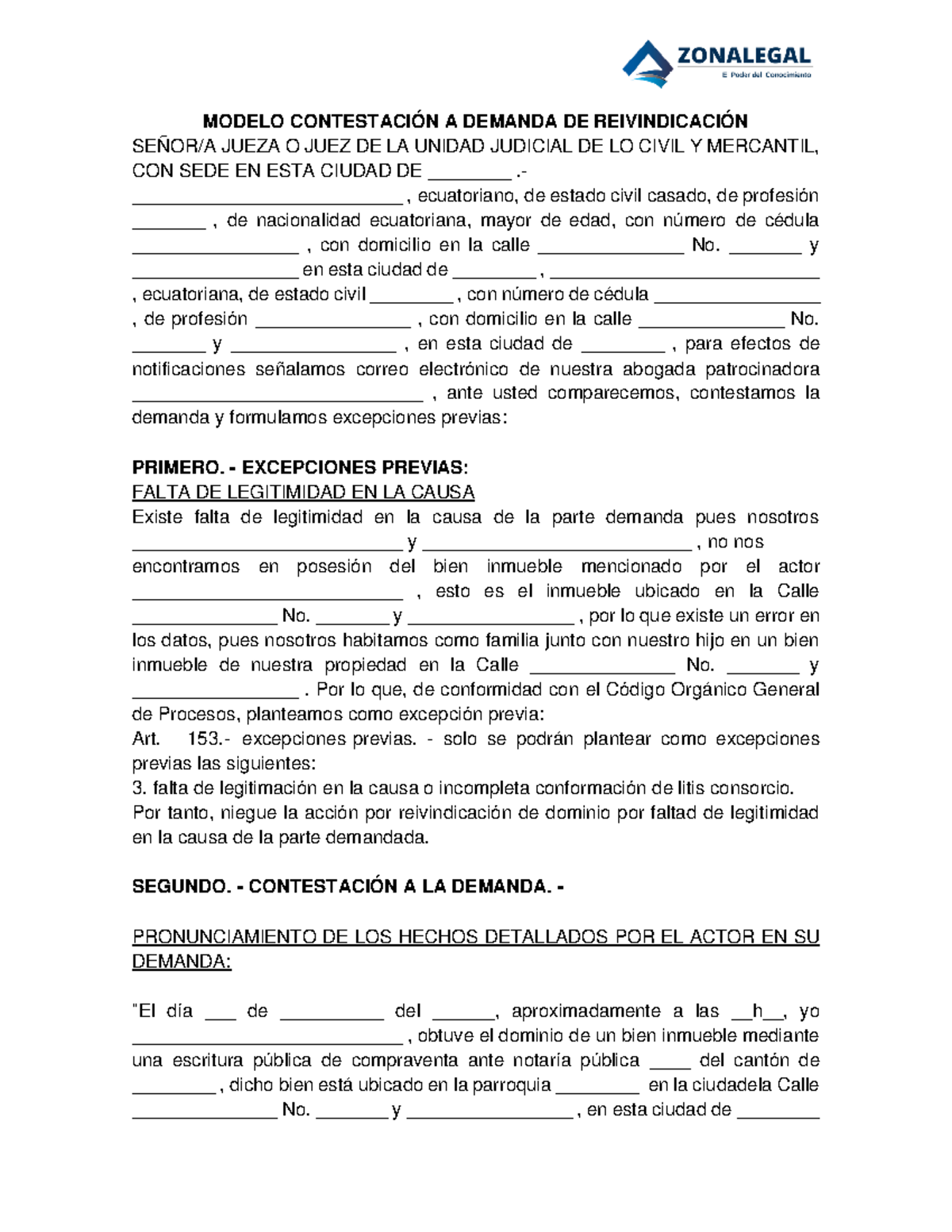 Modelo de Contestación a Demanda de Reivindicación COGEP - Studocu