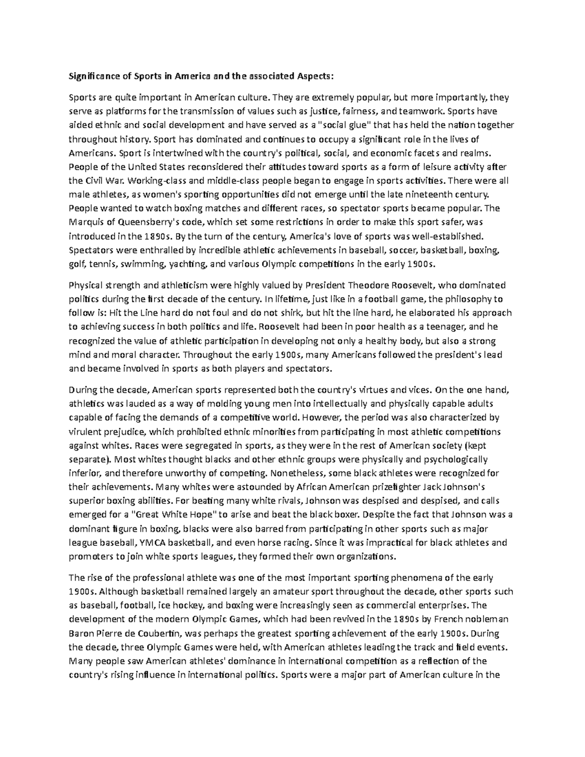 American Sports: An Essay on Cultural Significance and Impact - Studocu
