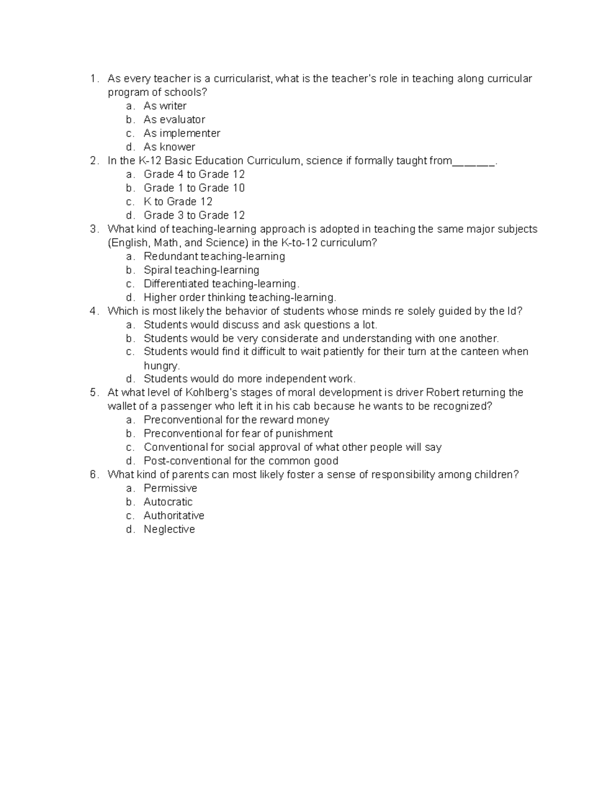 EDU 101: Exam - Teacher Roles and Curriculum Approaches Test - Studocu