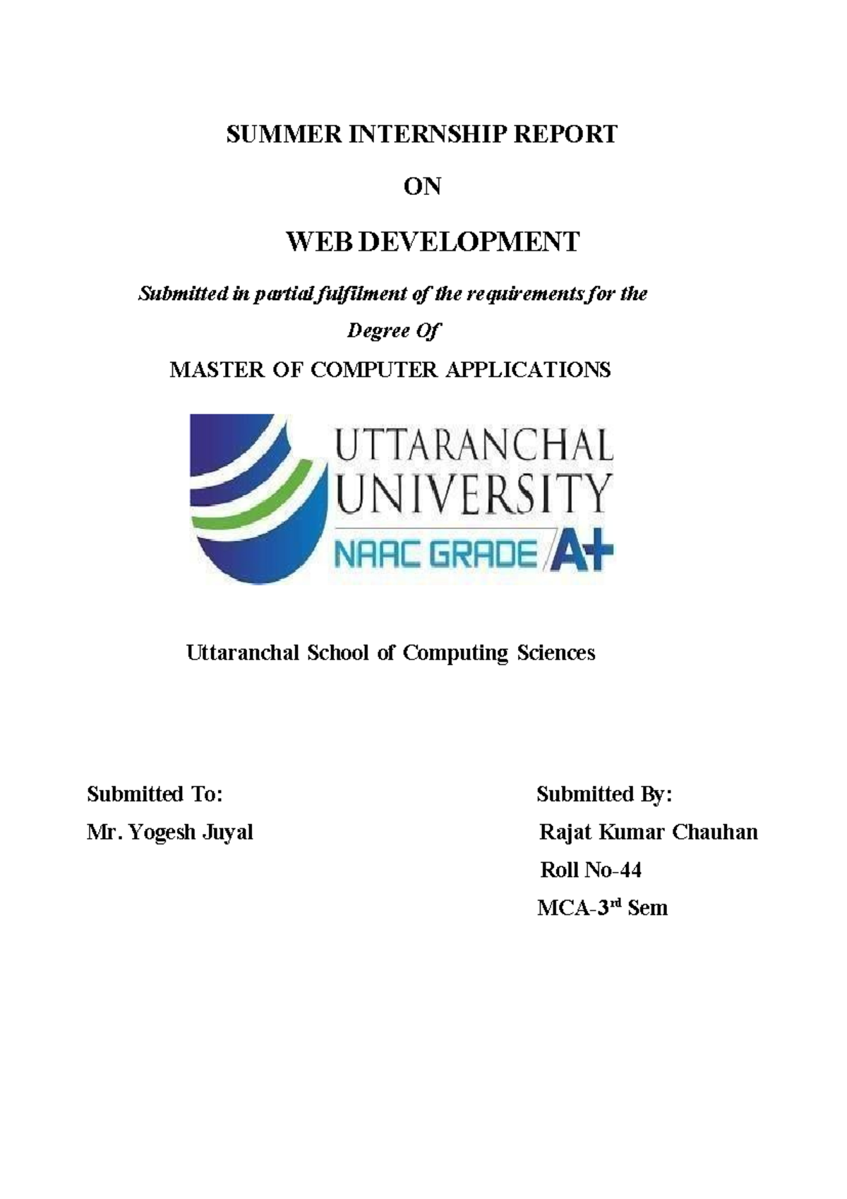 MCA Summer Internship Report on Web Development - Studocu