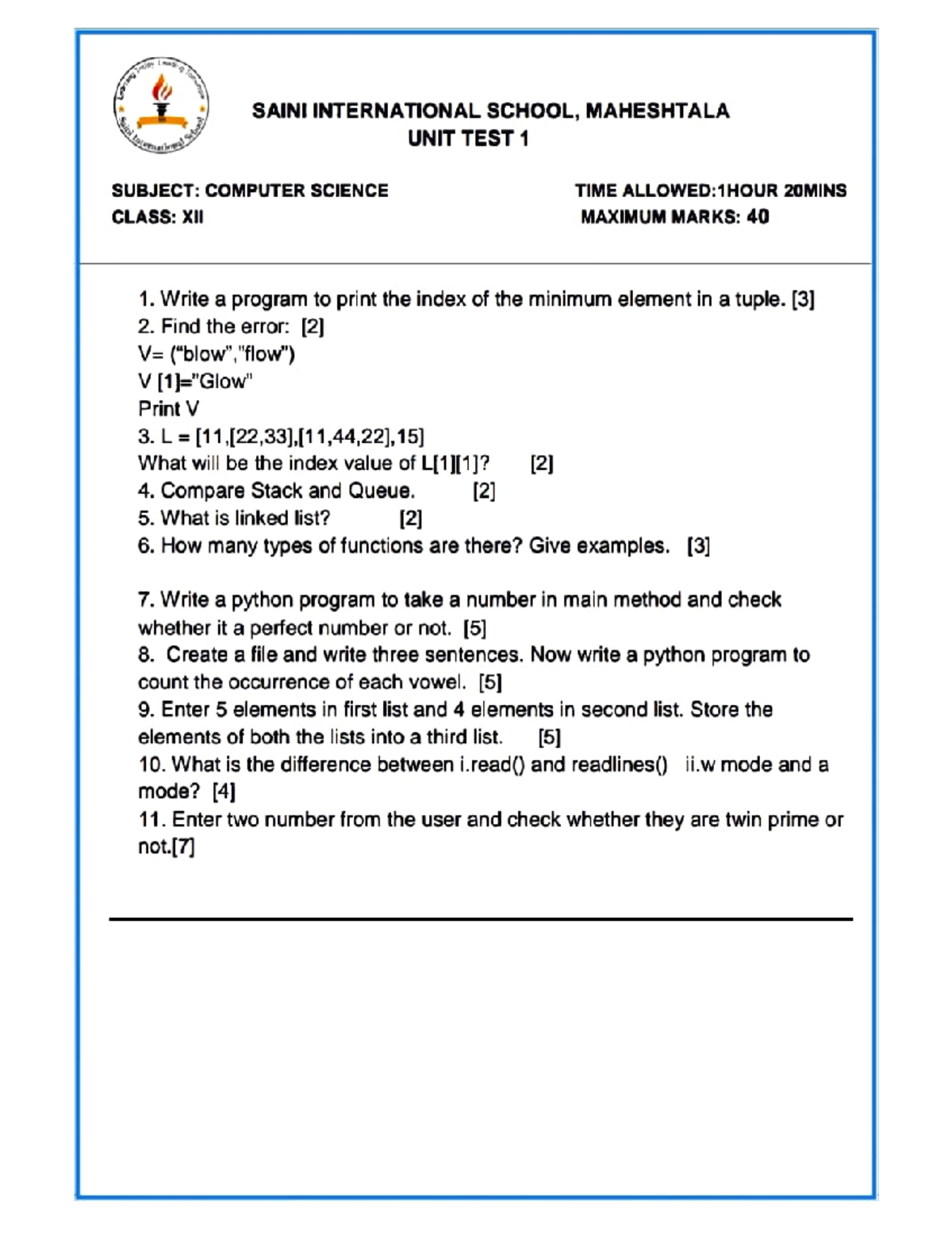 Computer Science Unit Test 1 - Class X (Max Marks: 40) - Studocu