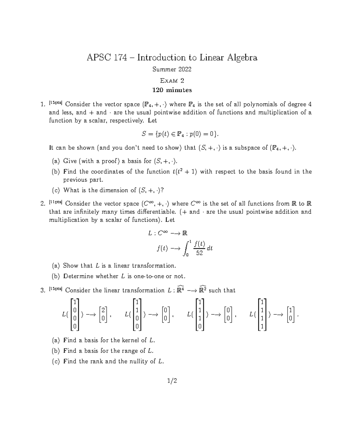 APSC 174 Exam 2: Linear Algebra Concepts & Problems - Studocu