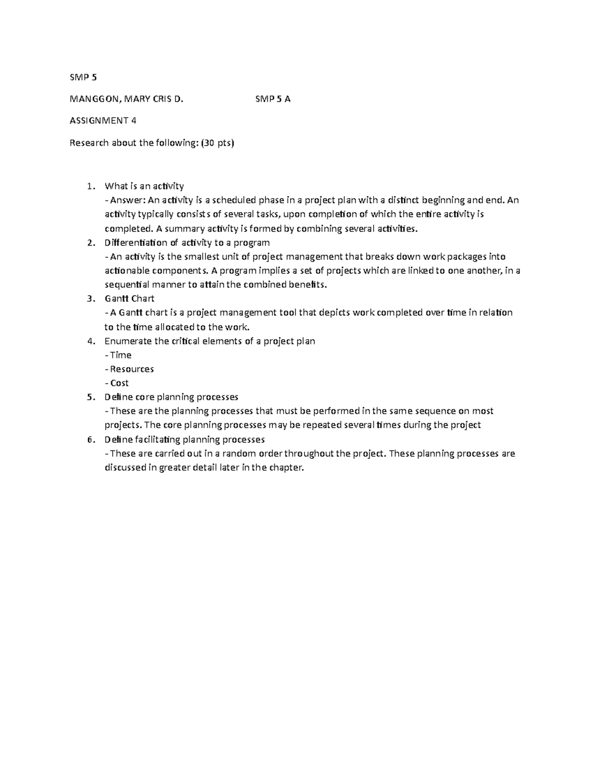 SMP 5 Assignment 4 - Understanding Activities and Project Plans - Studocu