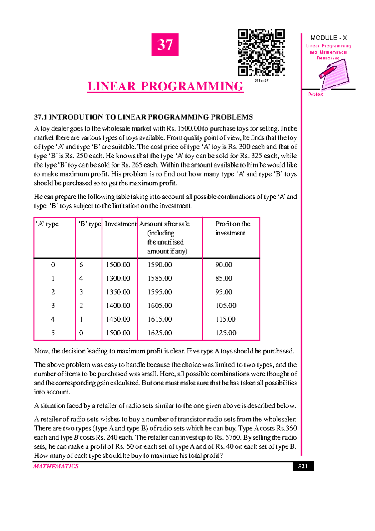 Linear Programming Notes - MATHEMATICS 521 MODULE X - Studocu
