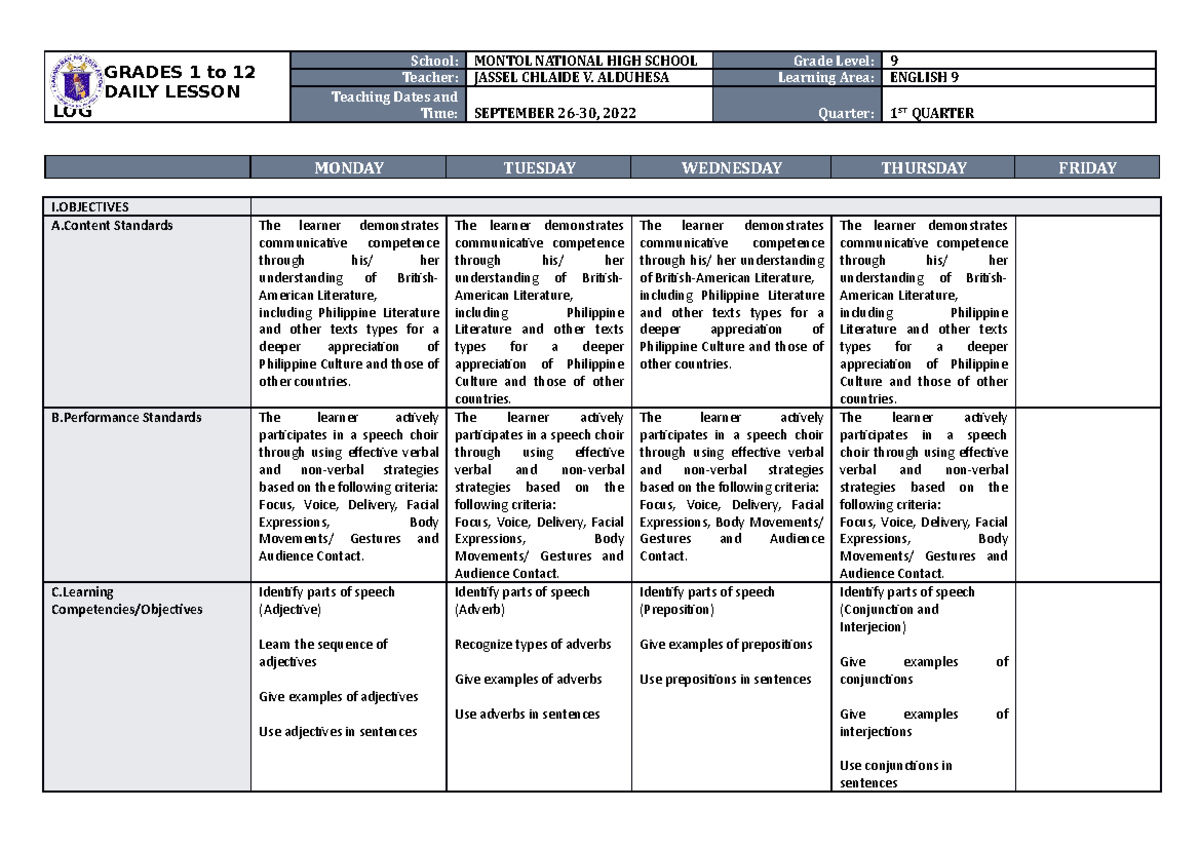 Q1 W6 English 9 DLL - DLL - GRADES 1 to 12 DAILY LESSON LOG School ...