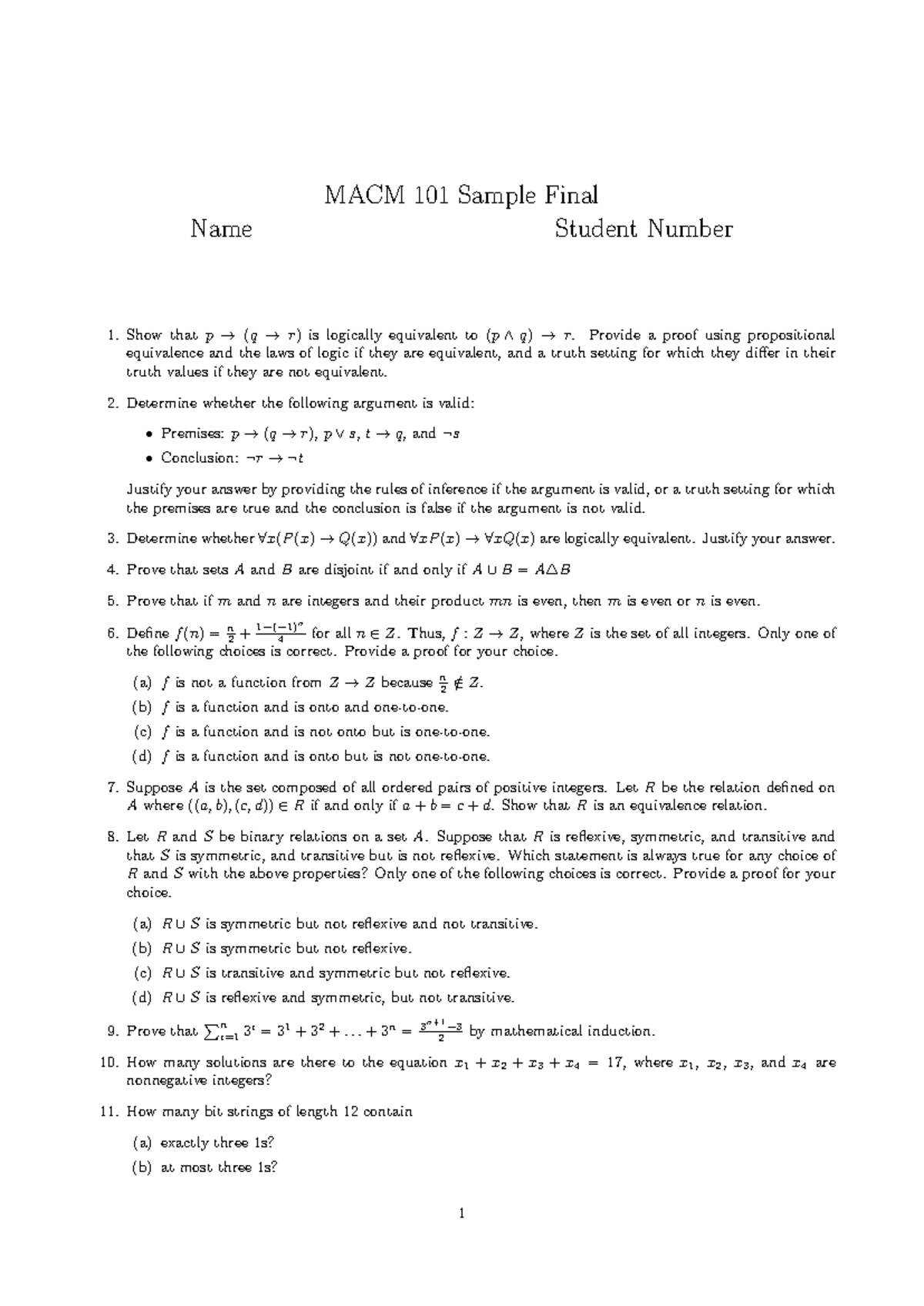 MACM 101 Sample Final Exam - 2019 Questions and Solutions - Studocu