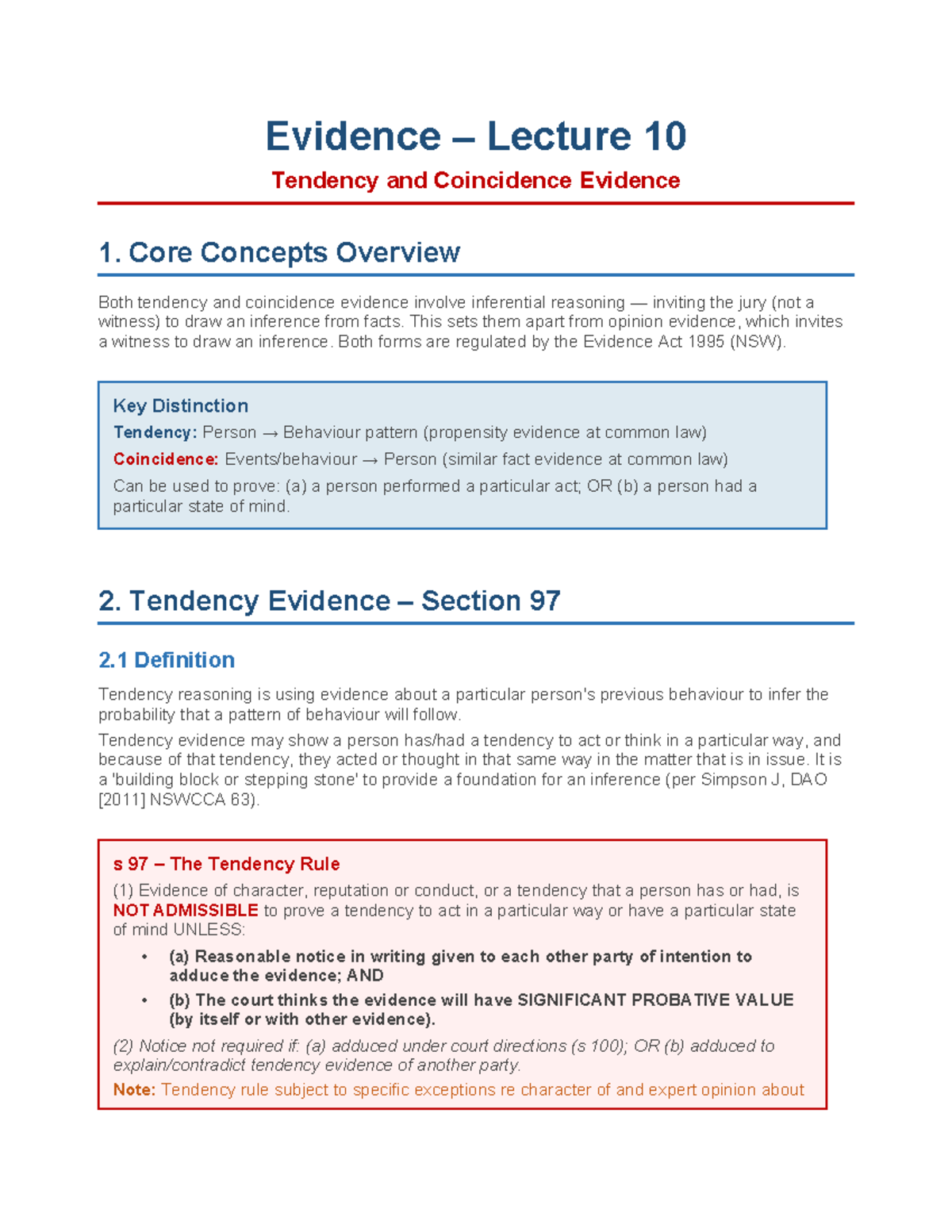 Evidence Lecture 10: Tendency and Coincidence Overview UTS Law - Studocu