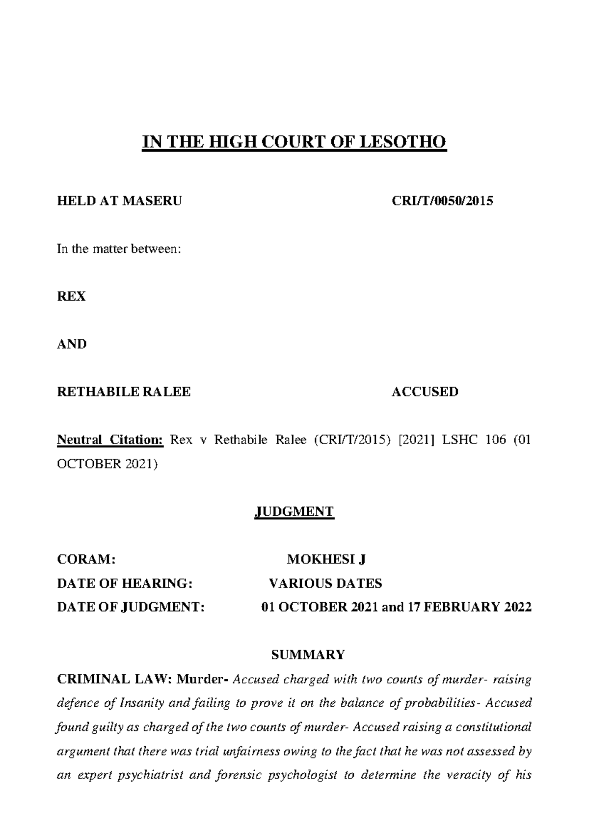 Rex v Ralee: Judgment on Insanity Defense and Sentencing in LSHC 106 ...