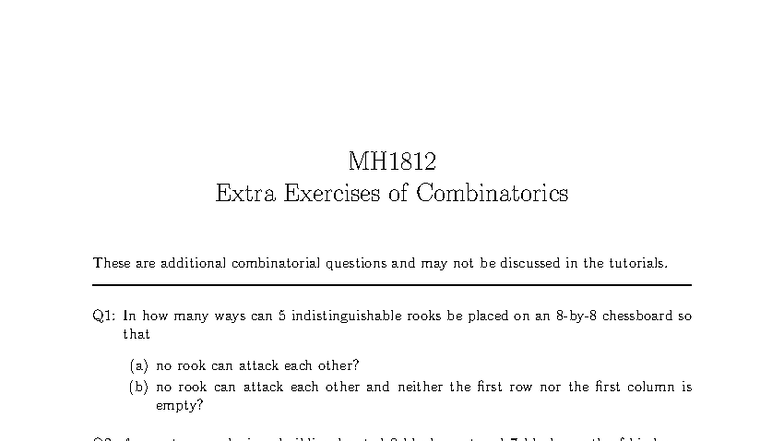 MH1812 Extra Exercises on Combinatorics and Rook Placement - Studocu