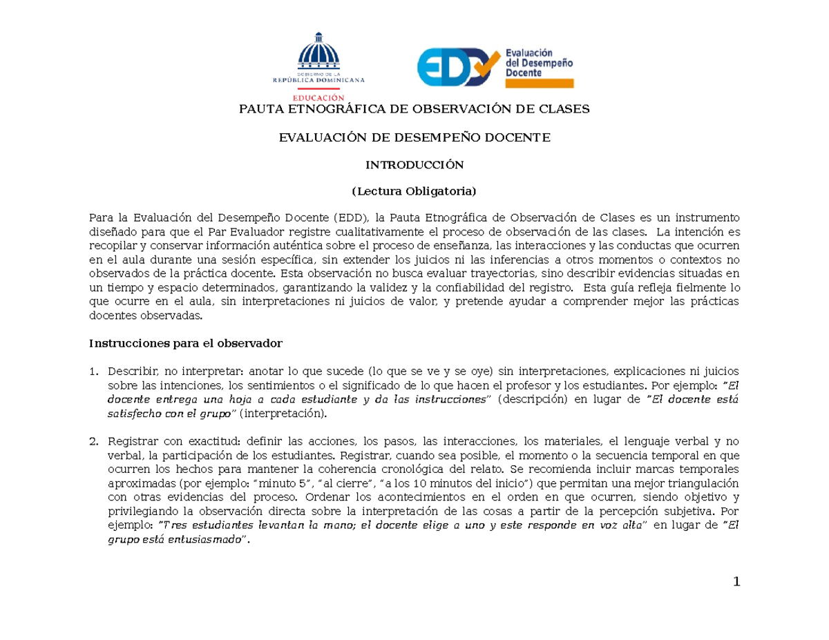 EDD - Pauta Etnográfica de Observación de Clases: Guía para Evaluación Docente - Document Preview
