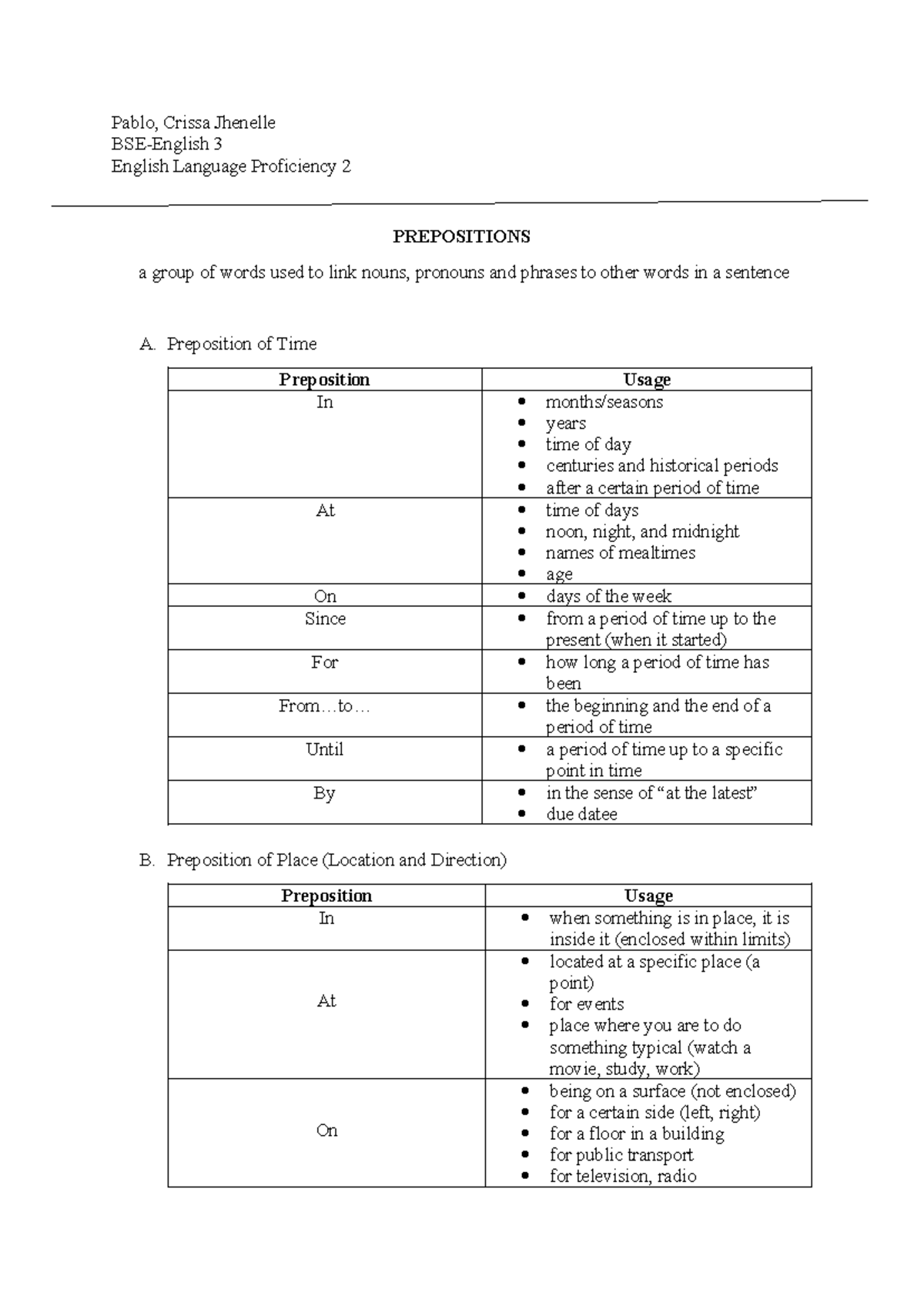 Prepositions Overview - BSE-English 3 Lesson Notes - Studocu