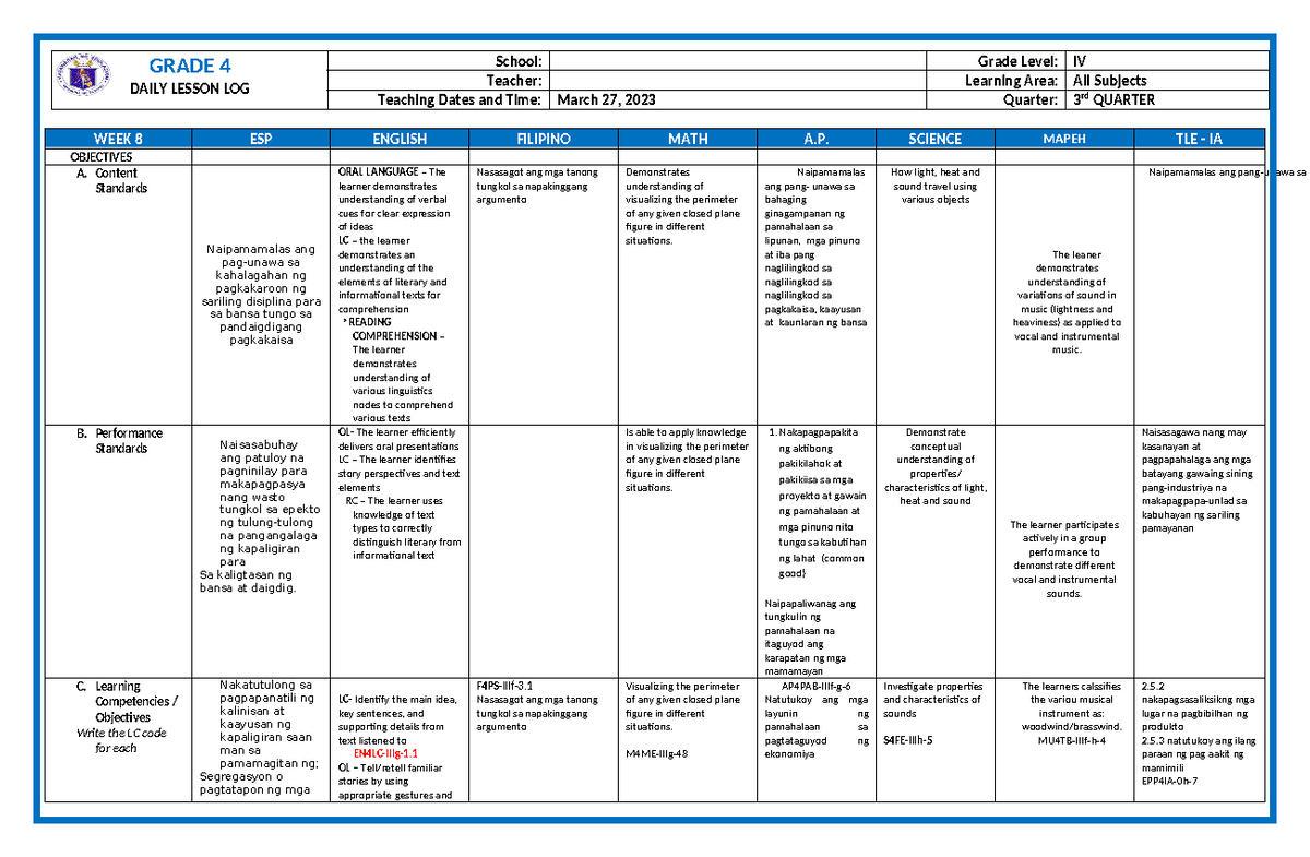 DLL G4 Q3 W7 D2 - DLL - GRADE 4 DAILY LESSON LOG School: Grade Level ...