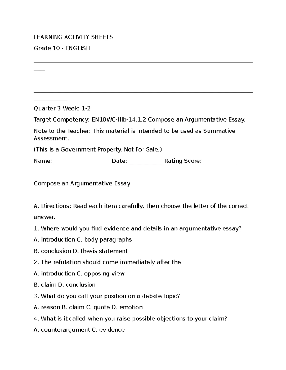 G10 Math Activity Sheets: Quarter 3 Week 6 Assessment - Studocu