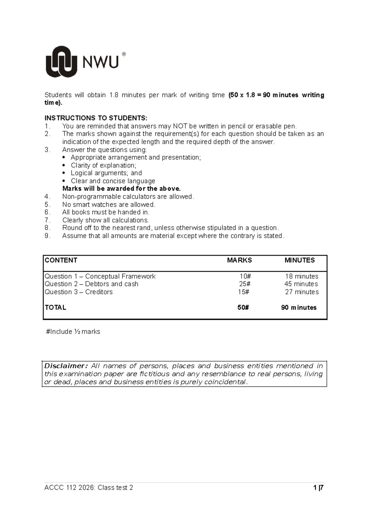ACCC112 2026 Class Test 2: Writing Time and Exam Instructions - Studocu