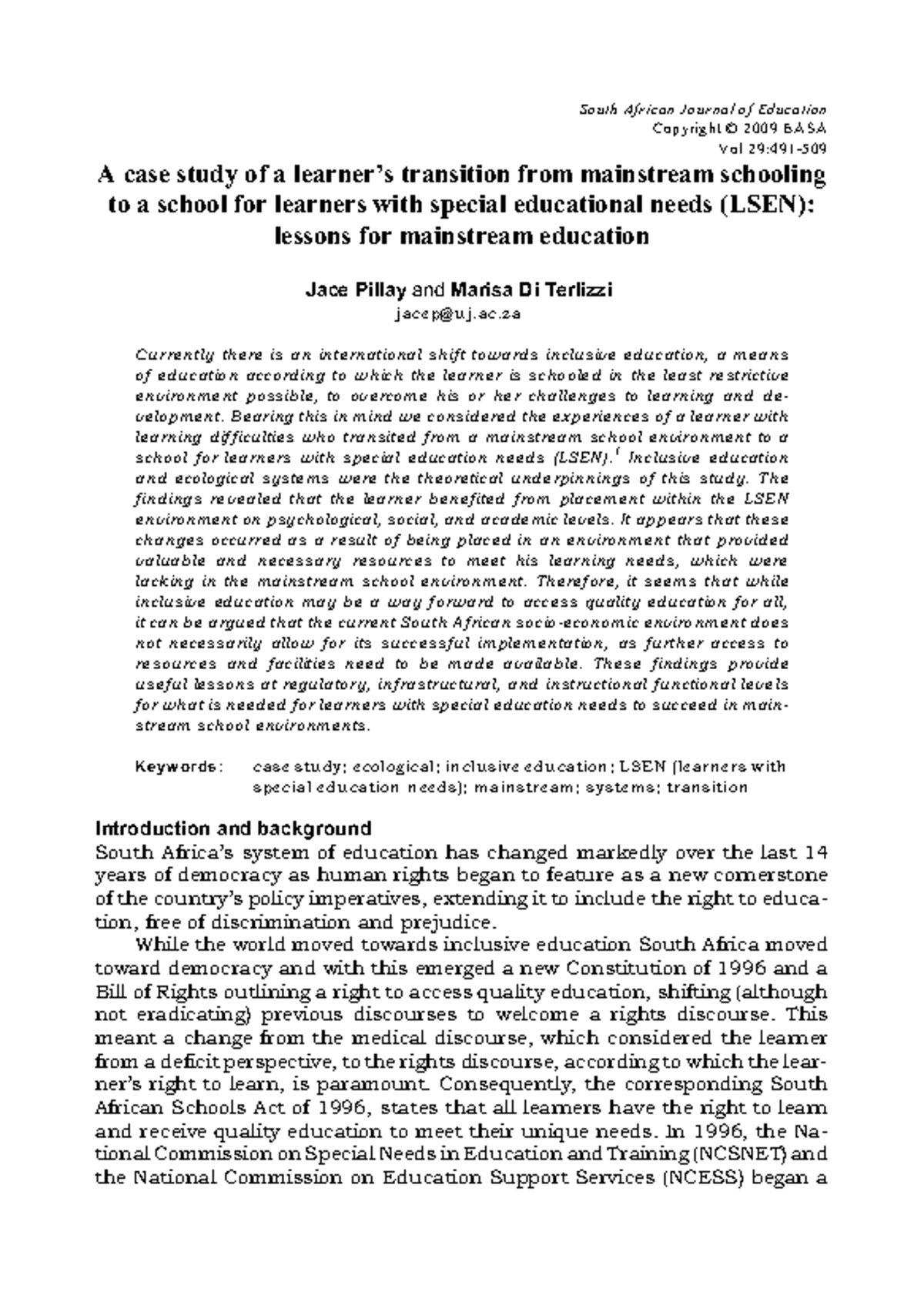 A Case Study on Transitioning to LSEN: Lessons for Mainstream Education ...