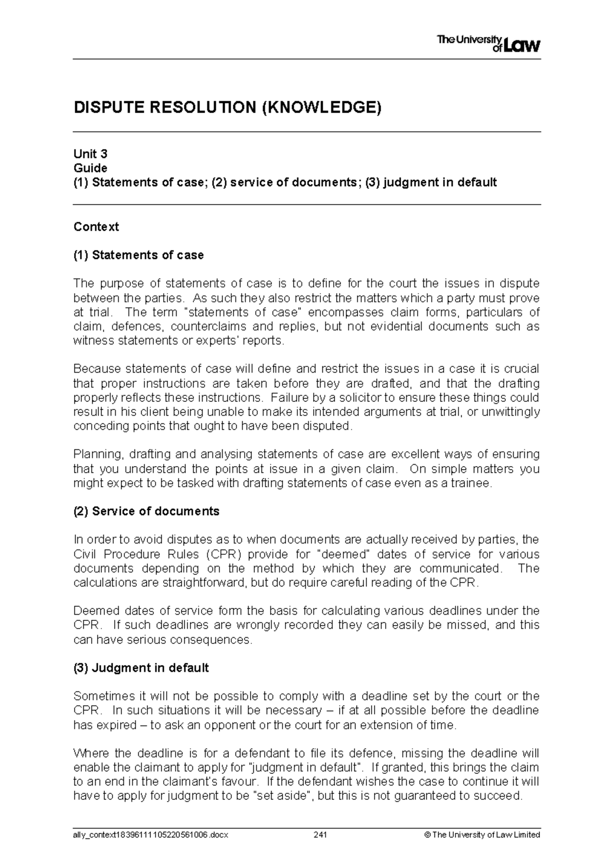 Dispute Resolution Unit 3 Guide: Statements of Case Service of ...