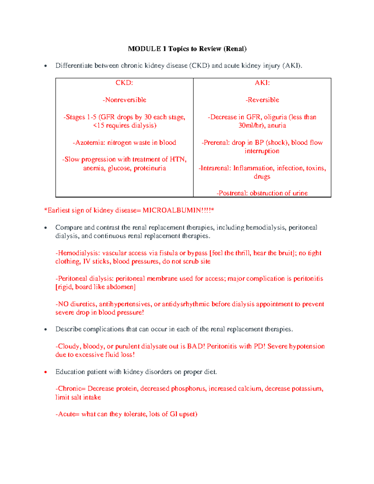 Med Surg - Notes for PowerPoint - MODULE 1 Topics to Review (Renal ...