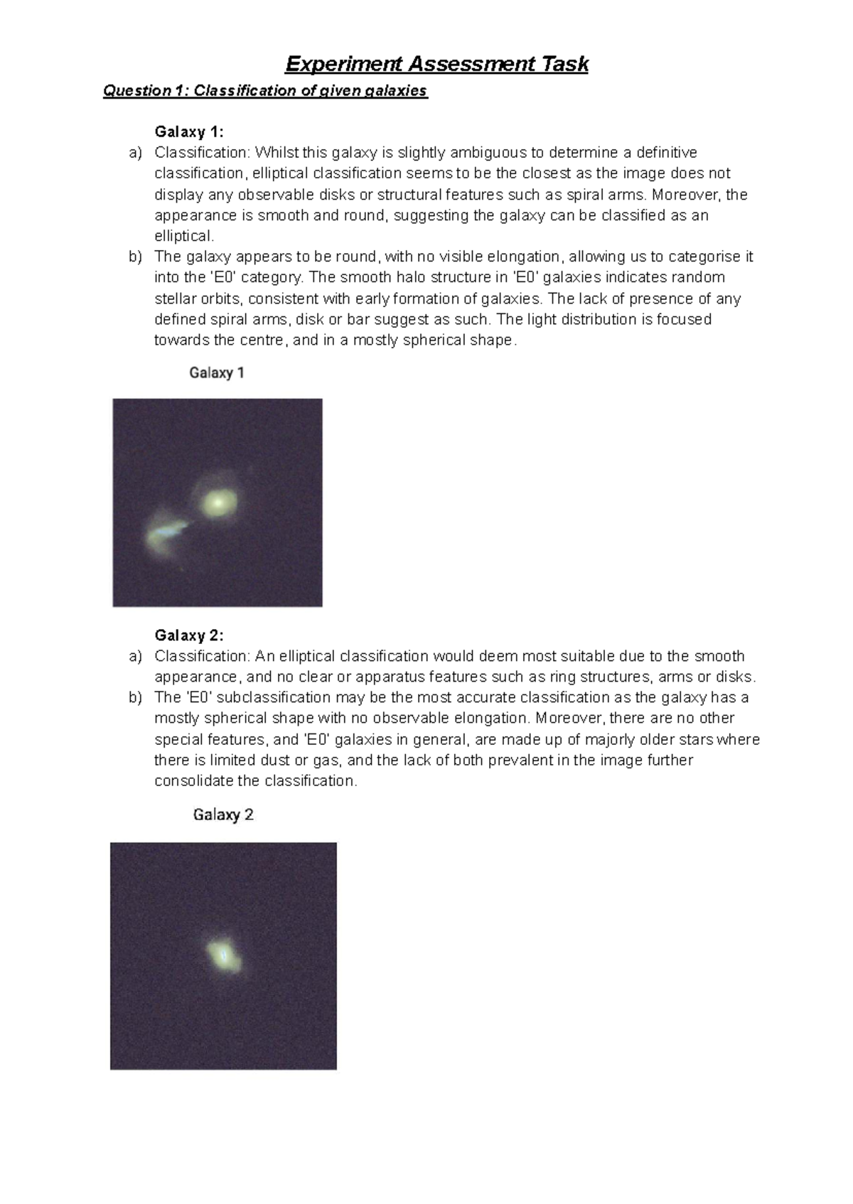PHYS1160 Experiment Assessment Task: Galaxy Classification Analysis ...